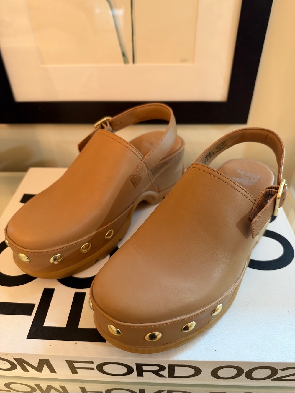 Sorrel Women’s Tan Leather Platform Clogs with Gold Studs